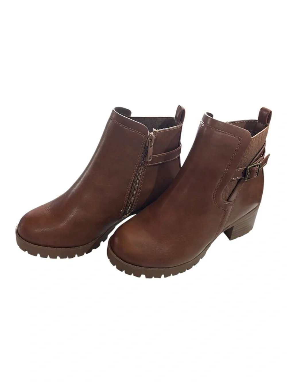 girls Brown Buckle Ankle Booties with Side Zip